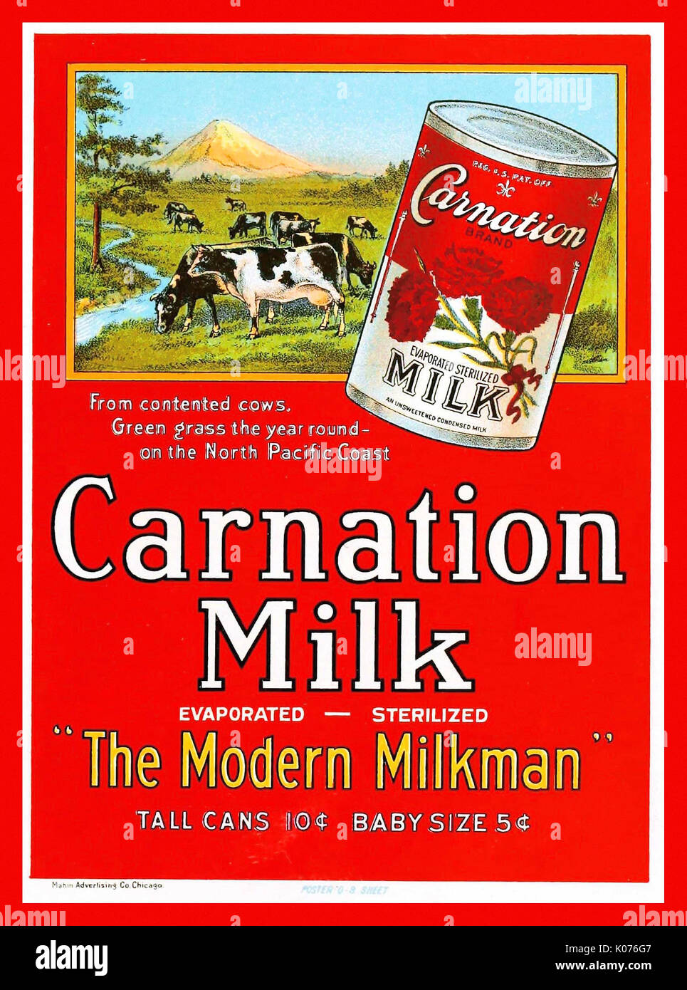 1950's Vintage Food Advertising Poster Art for Carnation Milk showing a halcyon scene of cows grazing by a stream with mountain behind Stock Photo