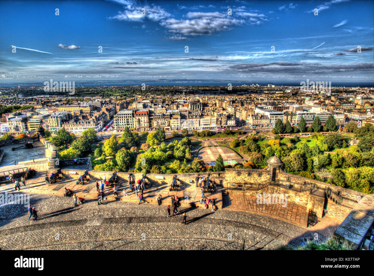 City of Edinburgh, Scotland. Picturesque elevated view over the city Edinburgh towards the Firth of Forth. Stock Photo