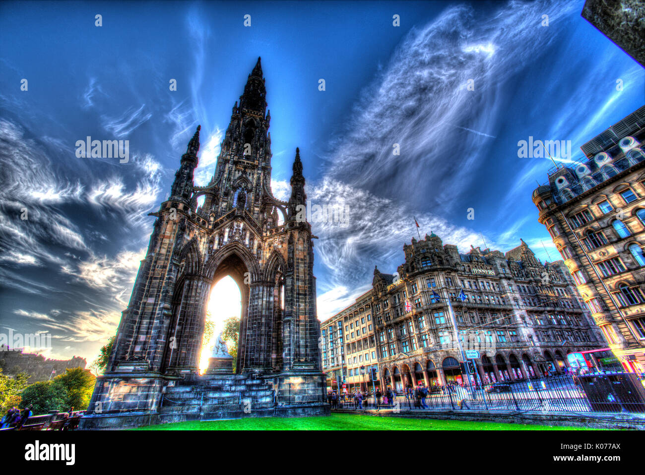 City of Edinburgh, Scotland. Picturesque view of Princes Street with the Scott Monument in the foreground. Stock Photo