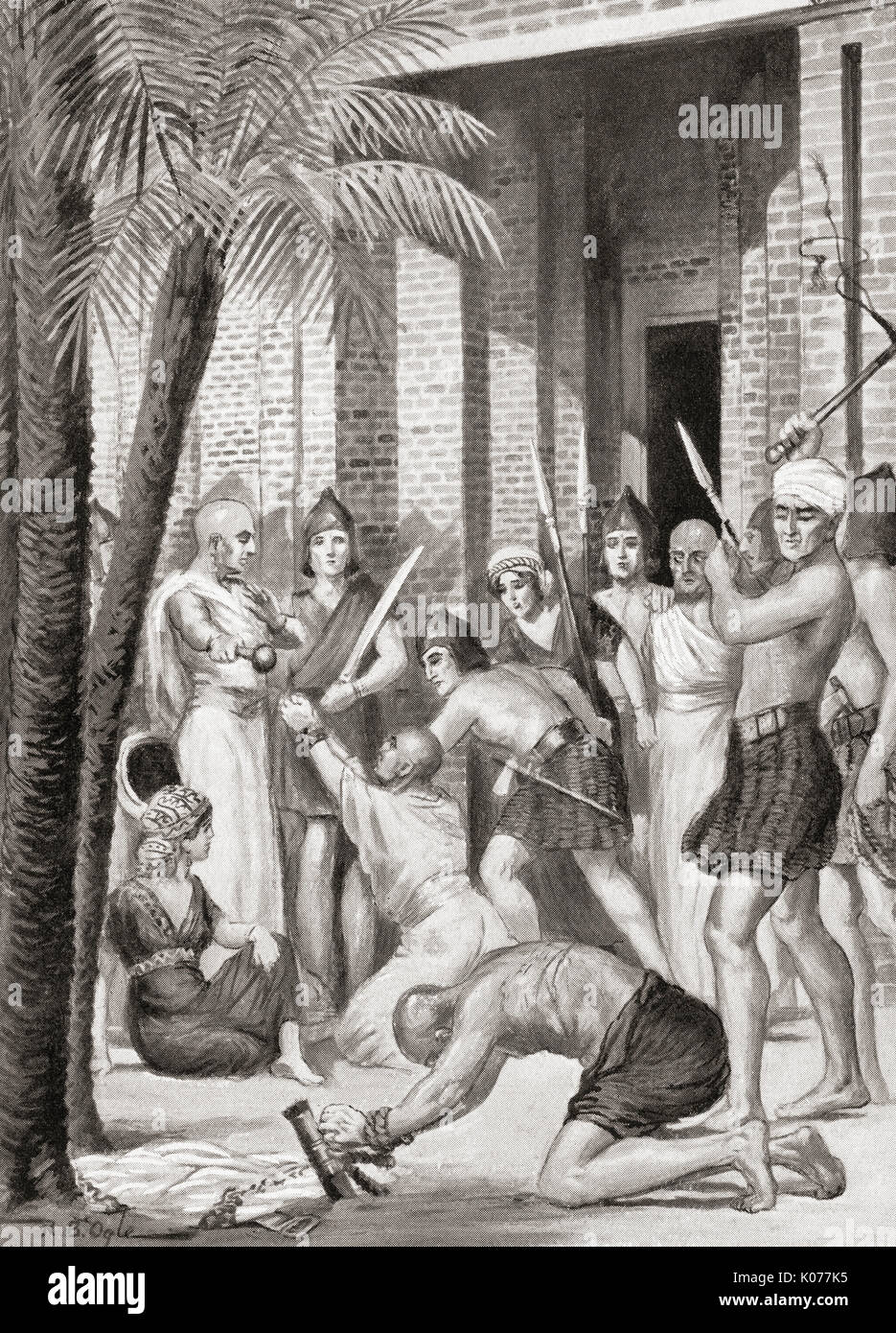 The reforms of Urukagina, some of which included removing corrupt officials from their posts, seen here are said officials receiving punishment.  Uru-ka-gina, Uru-inim-gina, or Iri-ka-gina, c. 24th century BC.  King of  Lagash in Mesopotamia.  From Hutchinson's History of the Nations, published 1915. Stock Photo