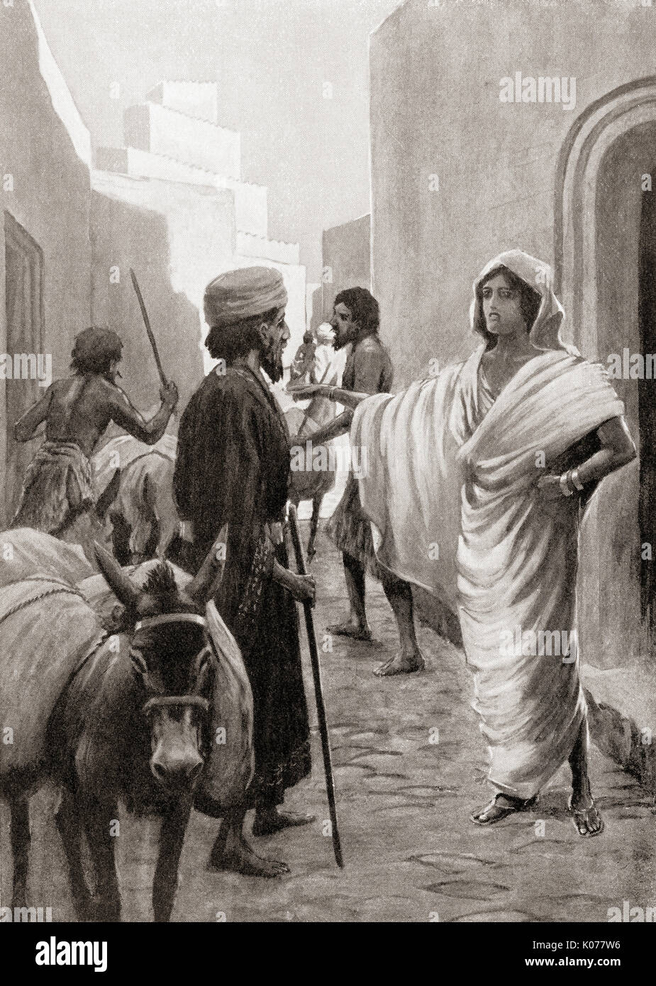Babylonian votaress despatching a caravan for trade.  Under the first dynasty of Babylon religious votaresses from the upper classes were allowed to engage in commerce on their own account, but were forbidden to open or enter a beer shop, the penalty for misbehaviour was death.  From Hutchinson's History of the Nations, published 1915. Stock Photo