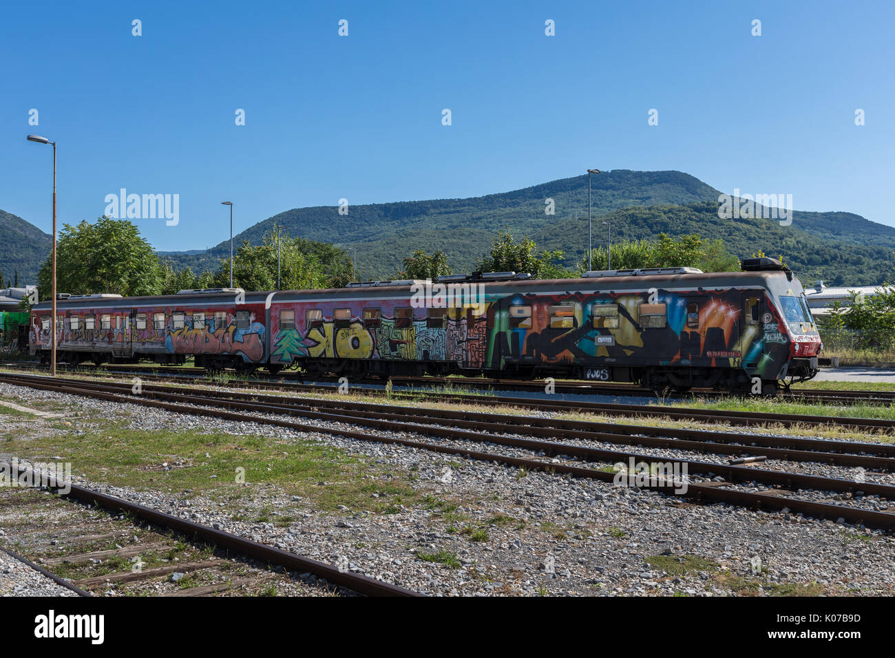 Graffiti covered train at the railway station in Nova Gorica, Slovenia Stock Photo