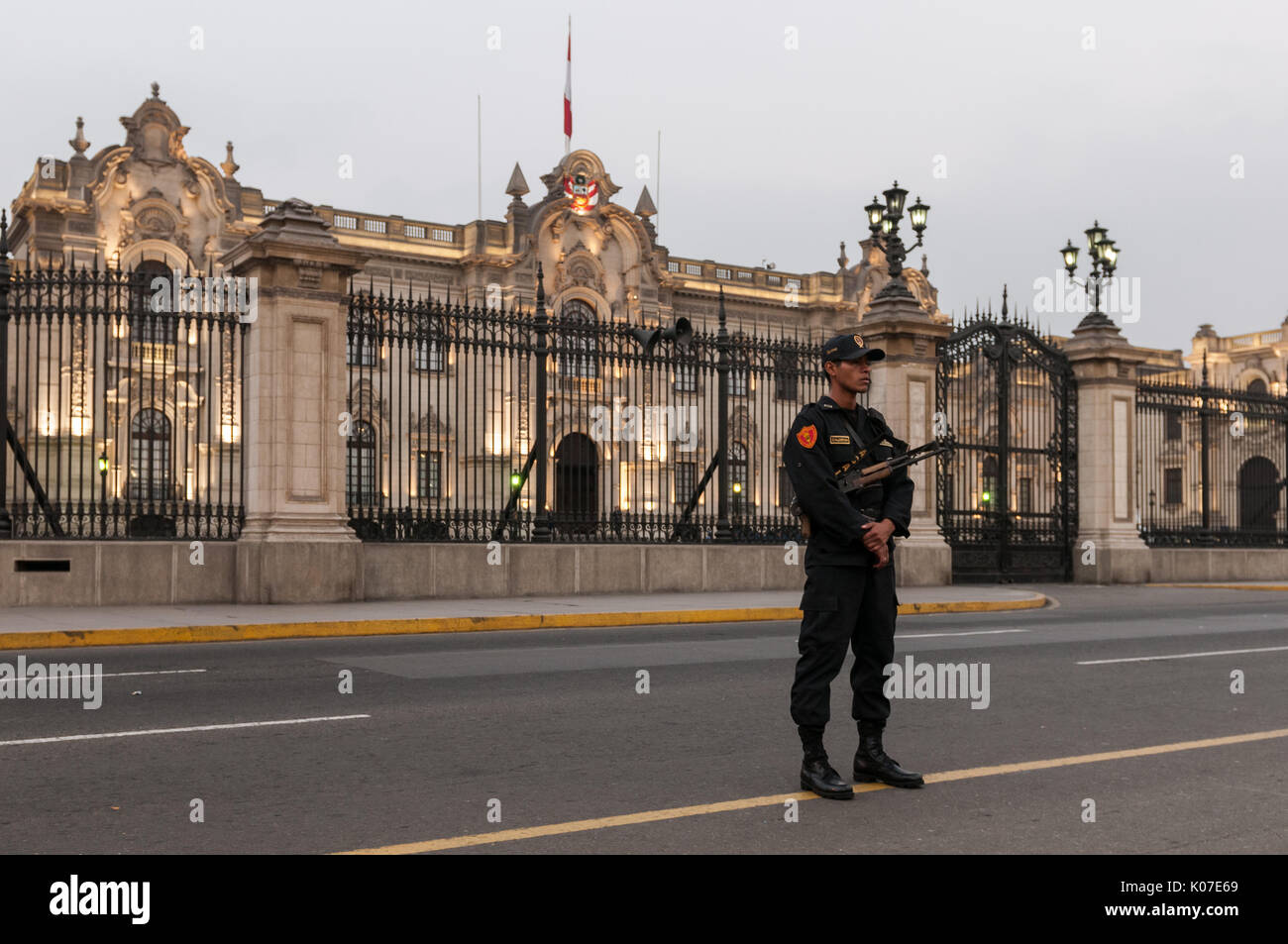 Security guard outside Government Palace, Lima, Peru. Stock Photo