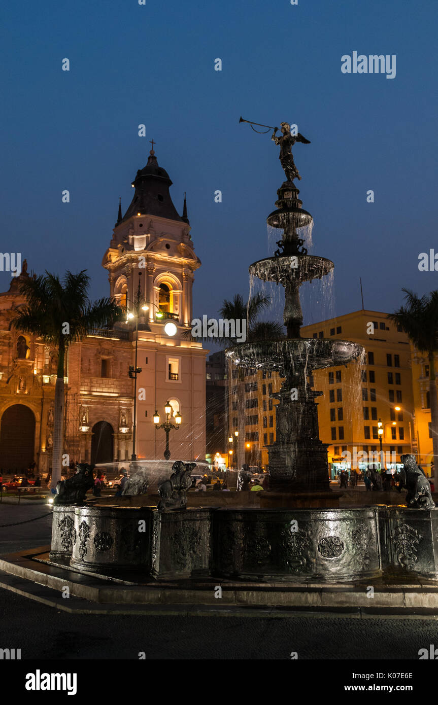 no people, 0 people, A fountain on Plaza de Armas with Lima Cathedral in the background, Peru. Stock Photo