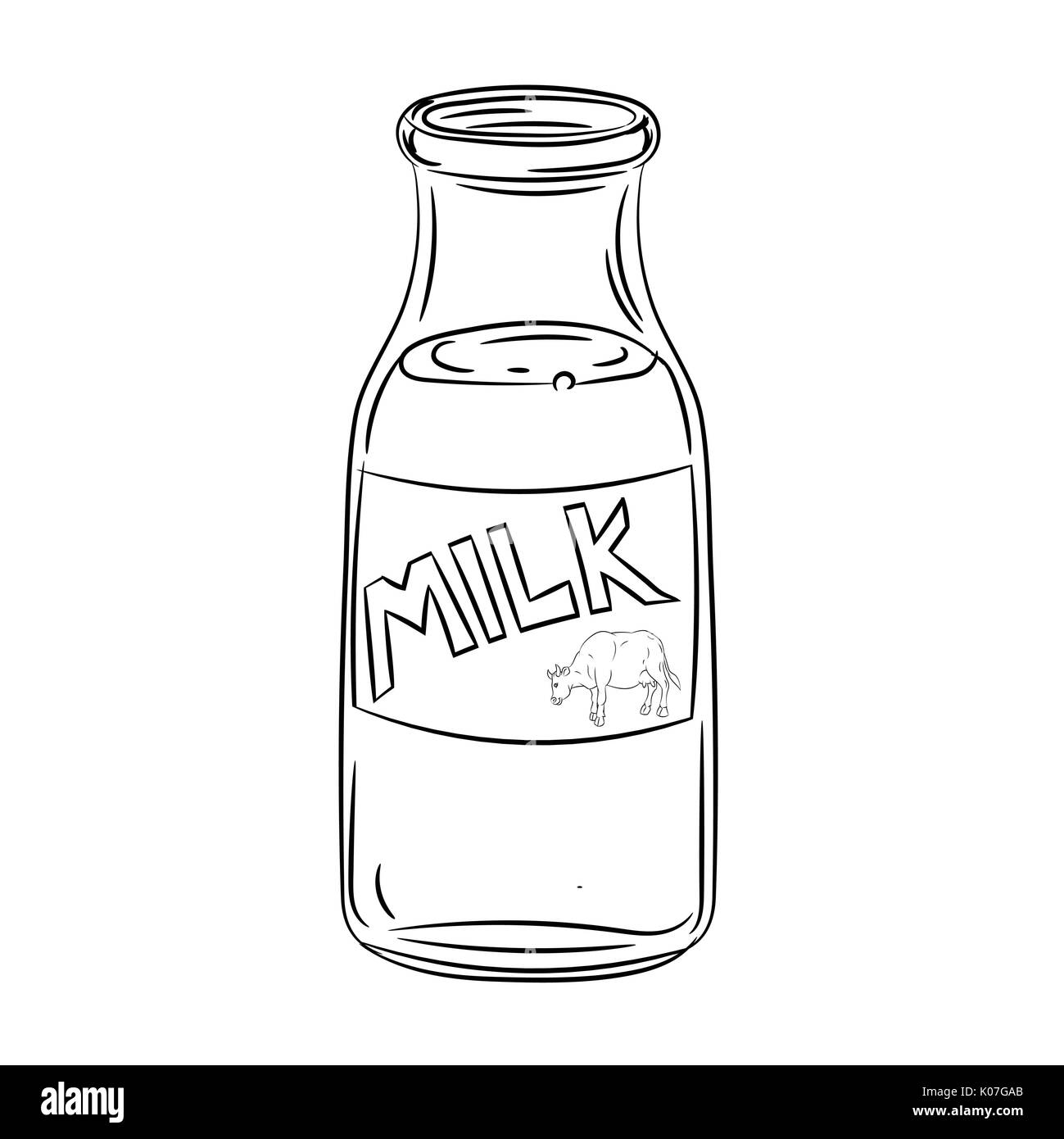 Hand drawn sketch bottle of milk, Black and White simple line Vector