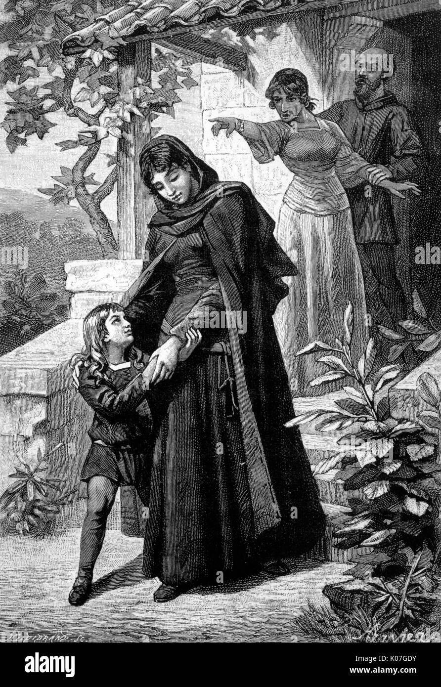 Margherita di Cortona, when her noble lover is murdered, goes home but is turned away by her mother, together with her fatherless son. (She will become a nun and a saint) Date: 1273 Stock Photo