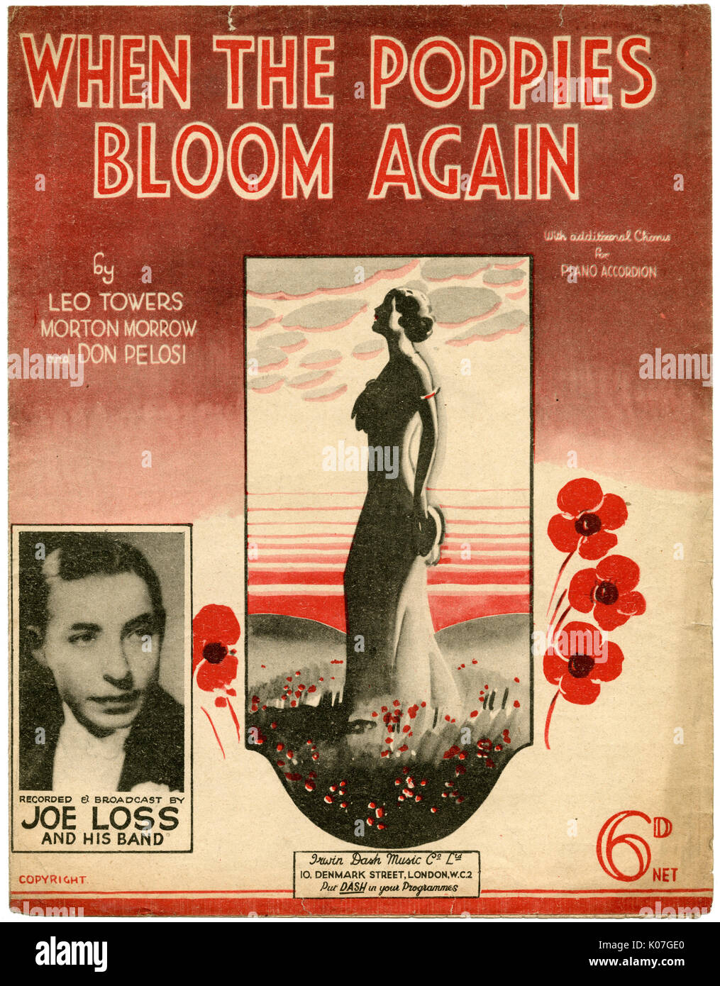 'When the Poppies Bloom  Again';. A young woman stands  forlornly in a poppy field  against a red sky. The lyrics  refer to the Flanders battle- fields.     Date: 1936 Stock Photo
