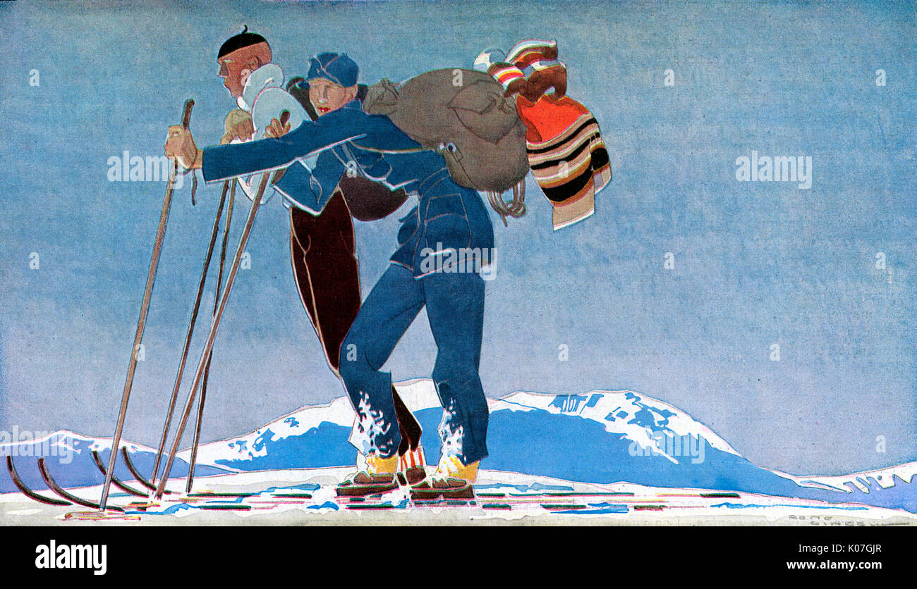 Two cross-country skiers go  slowly to conserve their  energy.        Date: 1931 Stock Photo