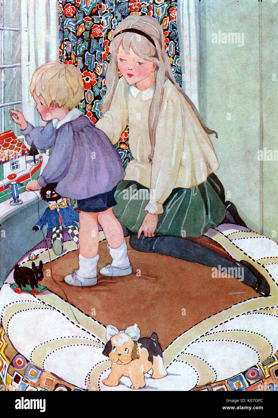 A little boy and his elder  sister in the nursery:  he wants to go out ...       Date: 1920s Stock Photo