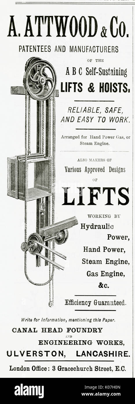 Advert for A. Attwood & Co. lifts and hoists 1889 Stock Photo