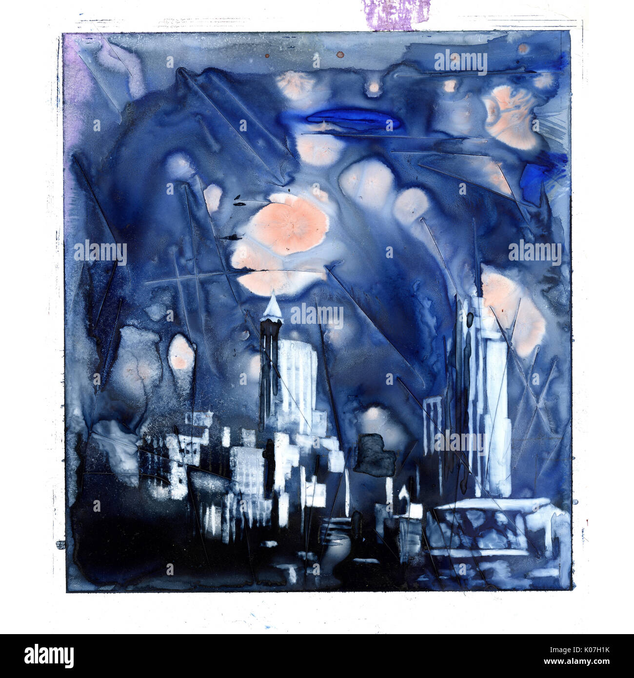 Fine art abstract/semi-representational watercolor on YUPO synthetic of downtown Raleigh, NC skyline Stock Photo