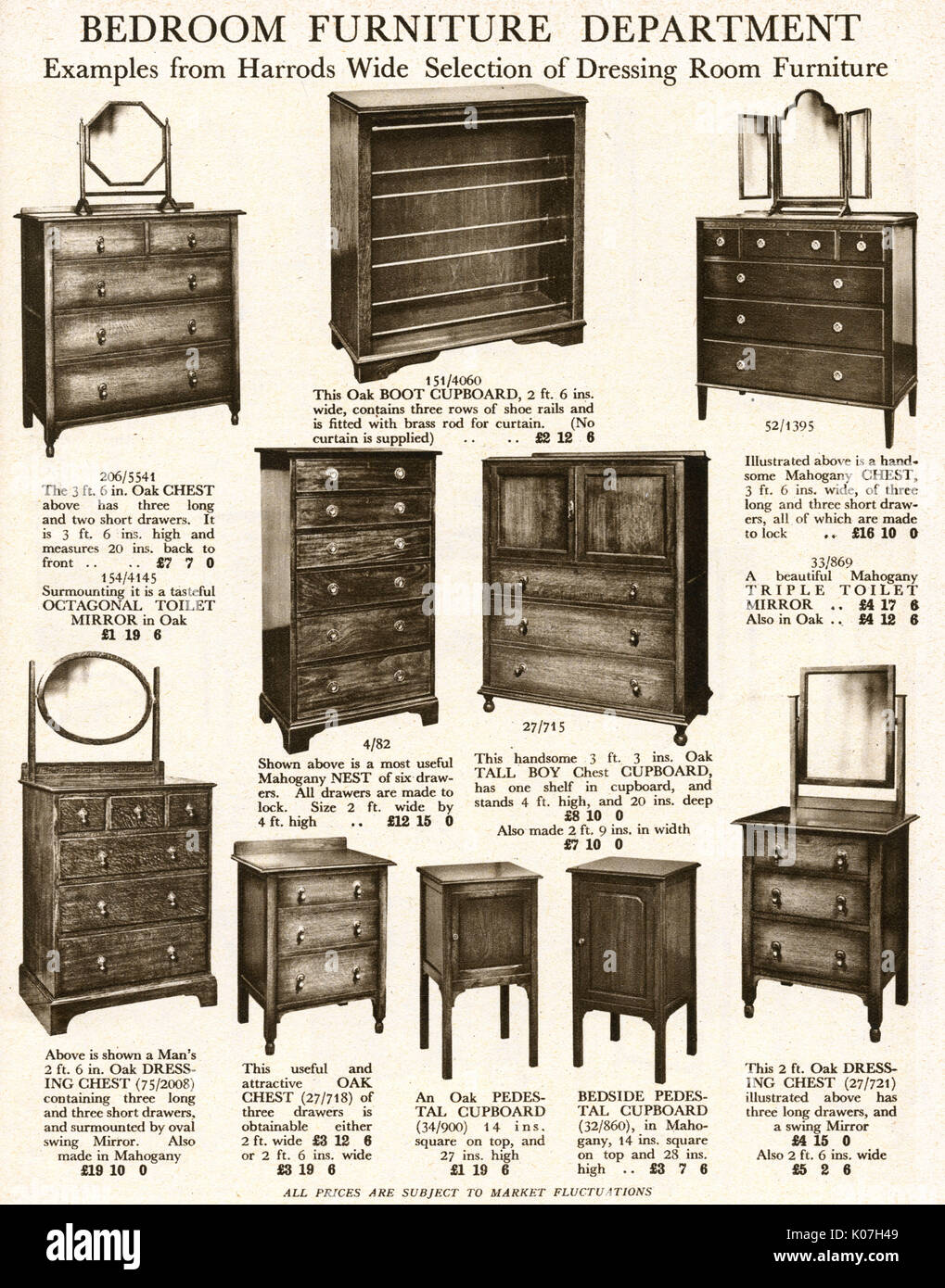 Selection of dressing-room furniture in oak products for Harrod's catalogue furniture department.      Date: 1929 Stock Photo
