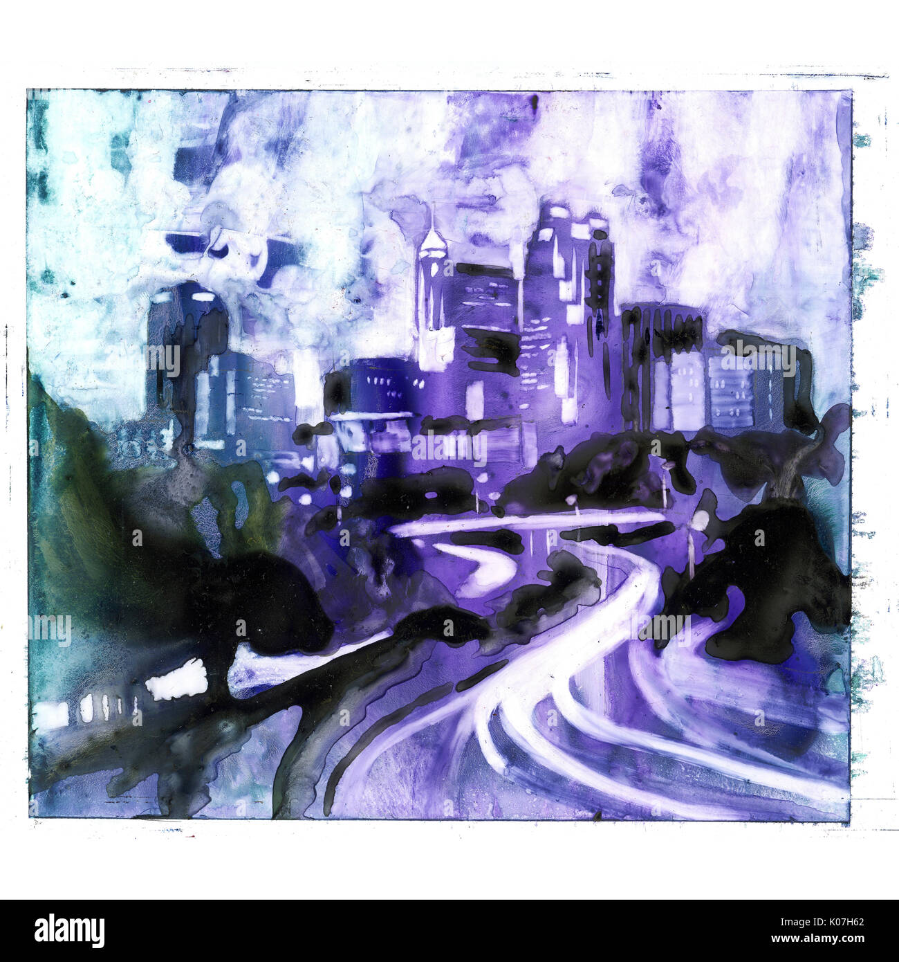 Fine art abstract/semi-representational watercolor on YUPO synthetic of downtown Raleigh, NC skyline Stock Photo