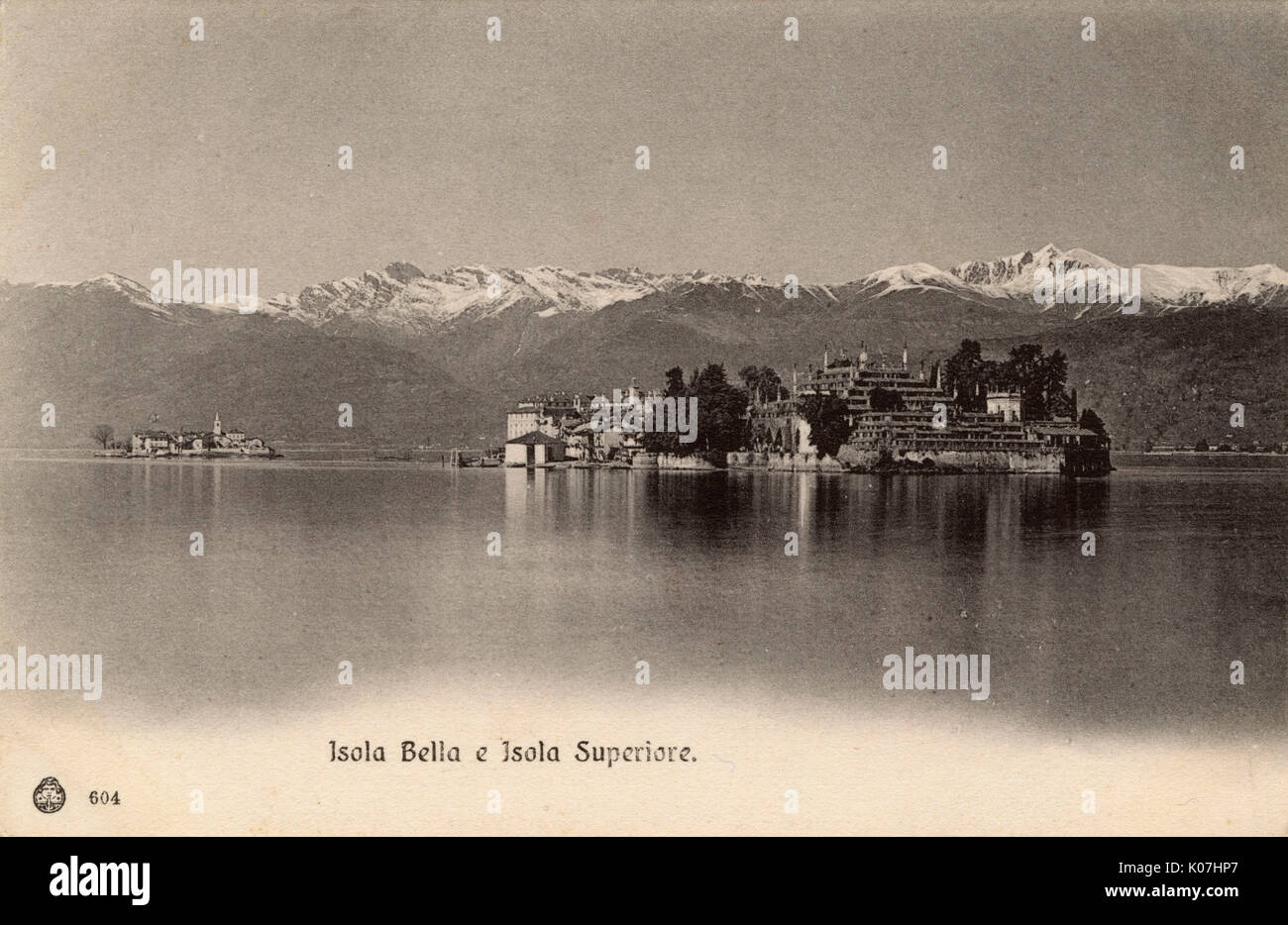 The Borromean Islands are a group of three small islands and two islets in the Italian part of Lago Maggiore, located in the western arm of the lake, between Verbania to the north and Stresa to the south. This postcard shows Isola Bella (named for Isabella, Countess Borromeo) and Isola dei Pescatori (Fishermen's Island), which is also known as Isola Superiore.     Date: circa 1910s Stock Photo