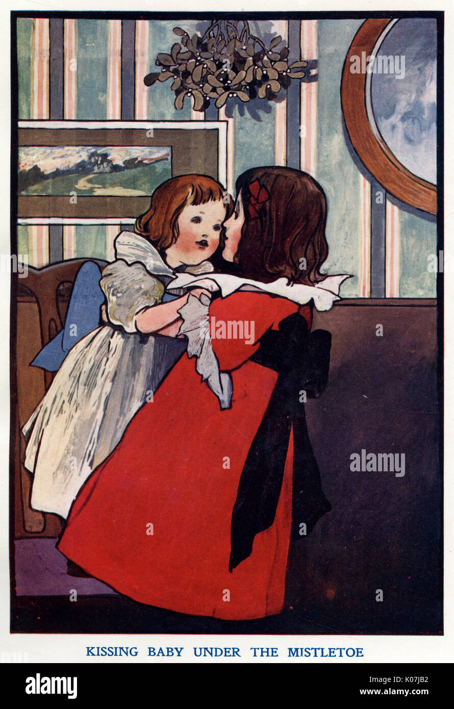 Kissing Baby under the Mistletoe by Charles Robinson Stock Photo