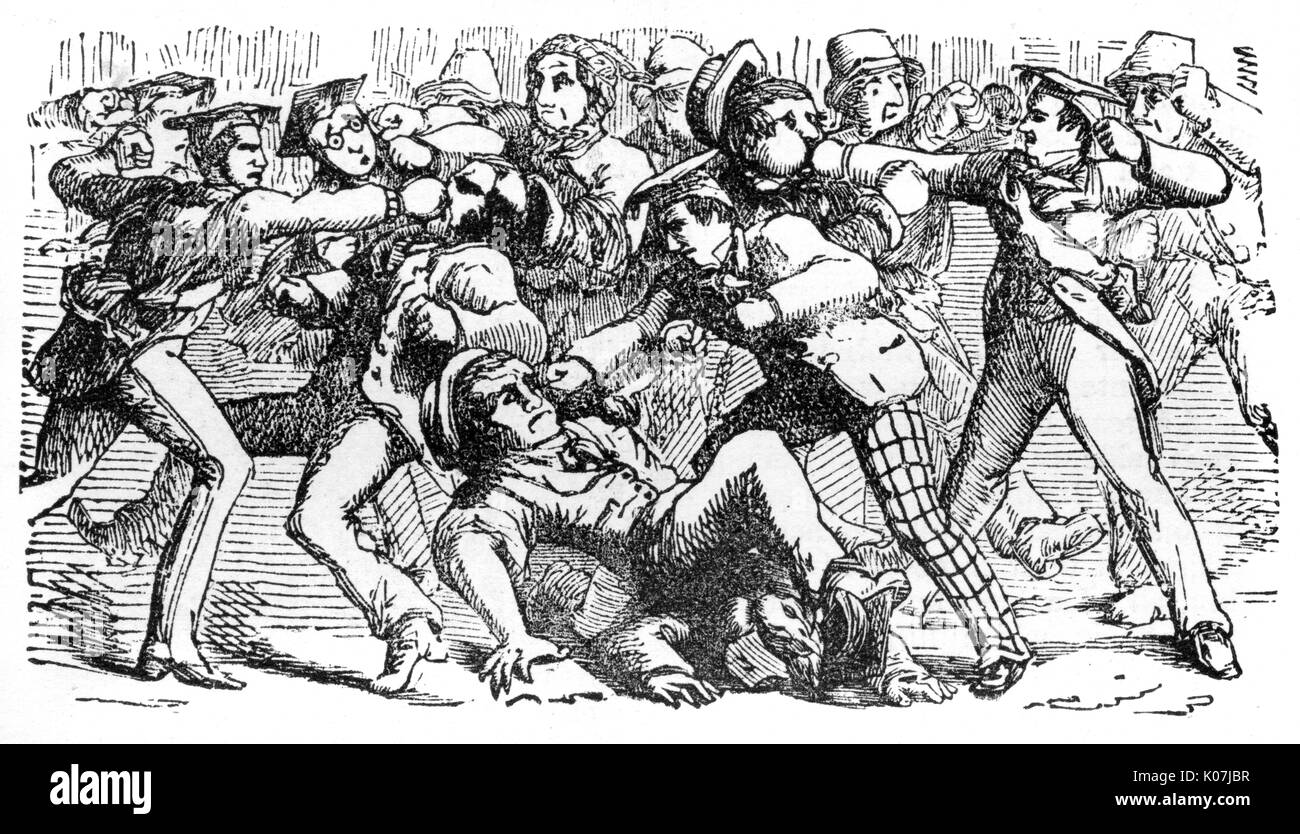 Town versus Gown brawl in Oxford in the 1850s, with undergraduates fighting locals.     Date: 1850s Stock Photo