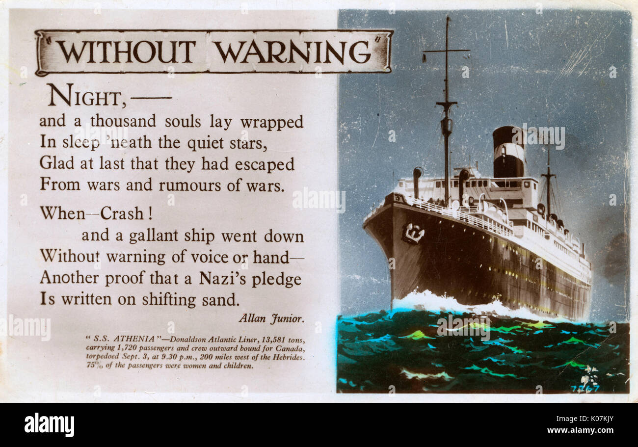Propaganda Poem by Allan Junior mourning the sinking of the SS Athenia on 3rd September 1939 by German u-boat U-30 and damning the attack on a non-military target.     Date: 1939 Stock Photo