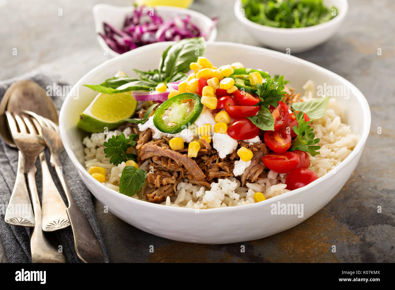 Dinner bowl with rice and pulled pork Stock Photo Alamy