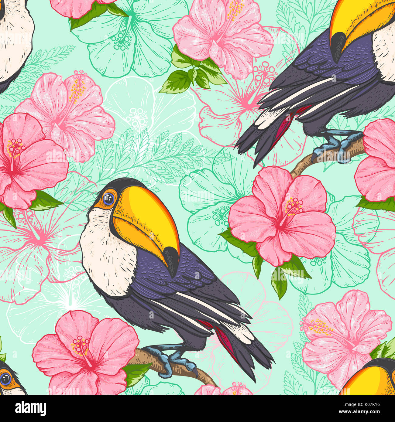 Tropical seamless pattern with toucan and flowers on a green background ...