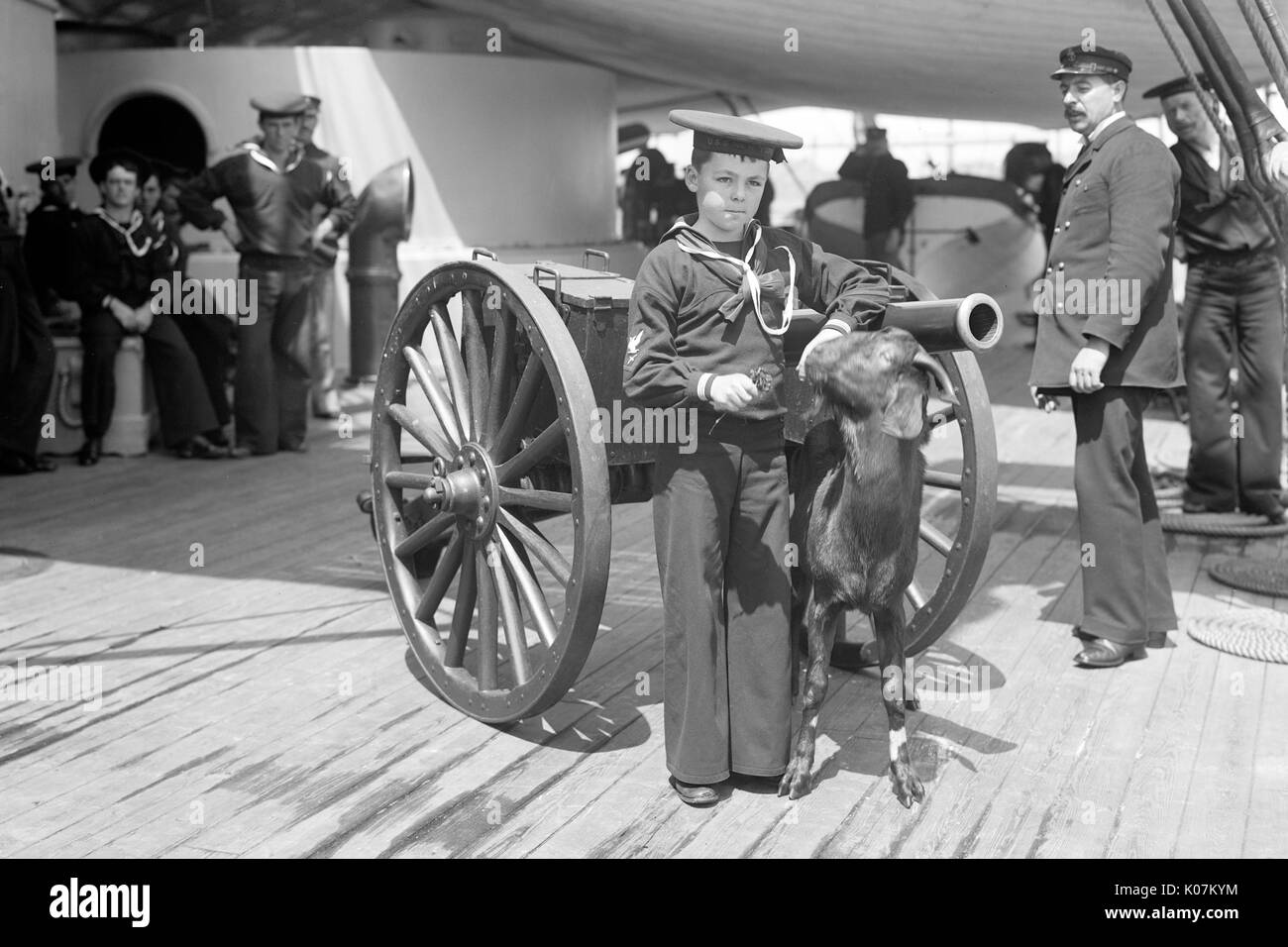 Admiral Sampson's son and Pitch the Goat Mascot on USS New Y Stock Photo