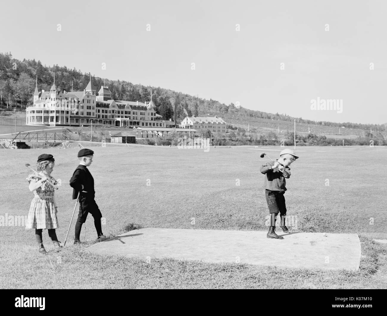 Children playing golf driving from the 9th tee, Mount Pleasa Stock ...