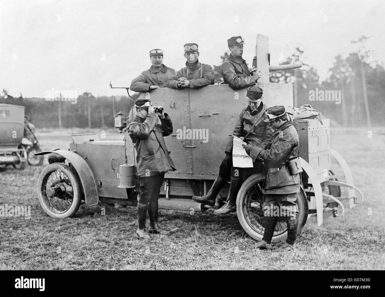 Soldiers in an armoured car during WWI in America Date circa 19141918