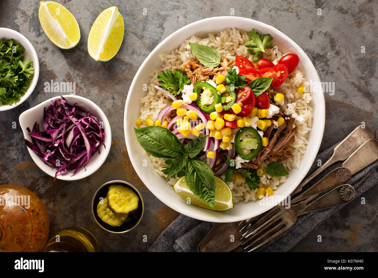 Dinner bowl with rice and pulled pork Stock Photo Alamy