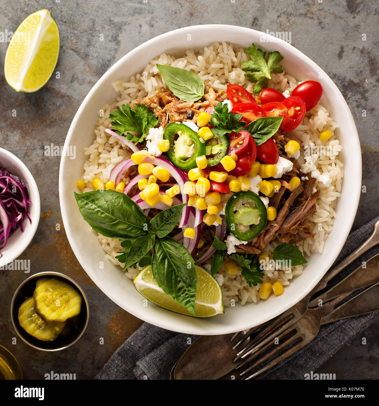 Dinner bowl with rice and pulled pork Stock Photo Alamy