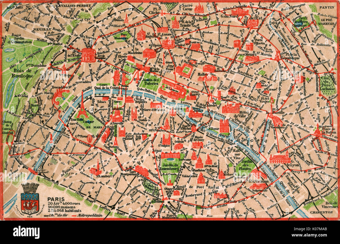 Map of Paris in 1908 with geographic and demographical data Stock Photo