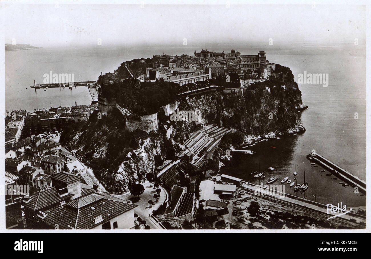 The Rock of Monaco (Rocher de Monaco) - a 62m tall monolith on the Mediterranean coast of the Principality of Monaco - Cote d'Azur.     Date: circa 1920s Stock Photo