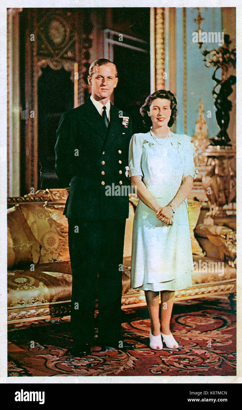 One of the Official engagement photographs taken to commemorate the announcement of the engagement of Princess Elizabeth (later Queen Elizabeth II)(1926-) to Philip Mountbatten (later Prince Philip, the Duke of Edinburgh) (1921-) on July 9th 1947 at Buckingham Palace, London.     Date: 1947 Stock Photo