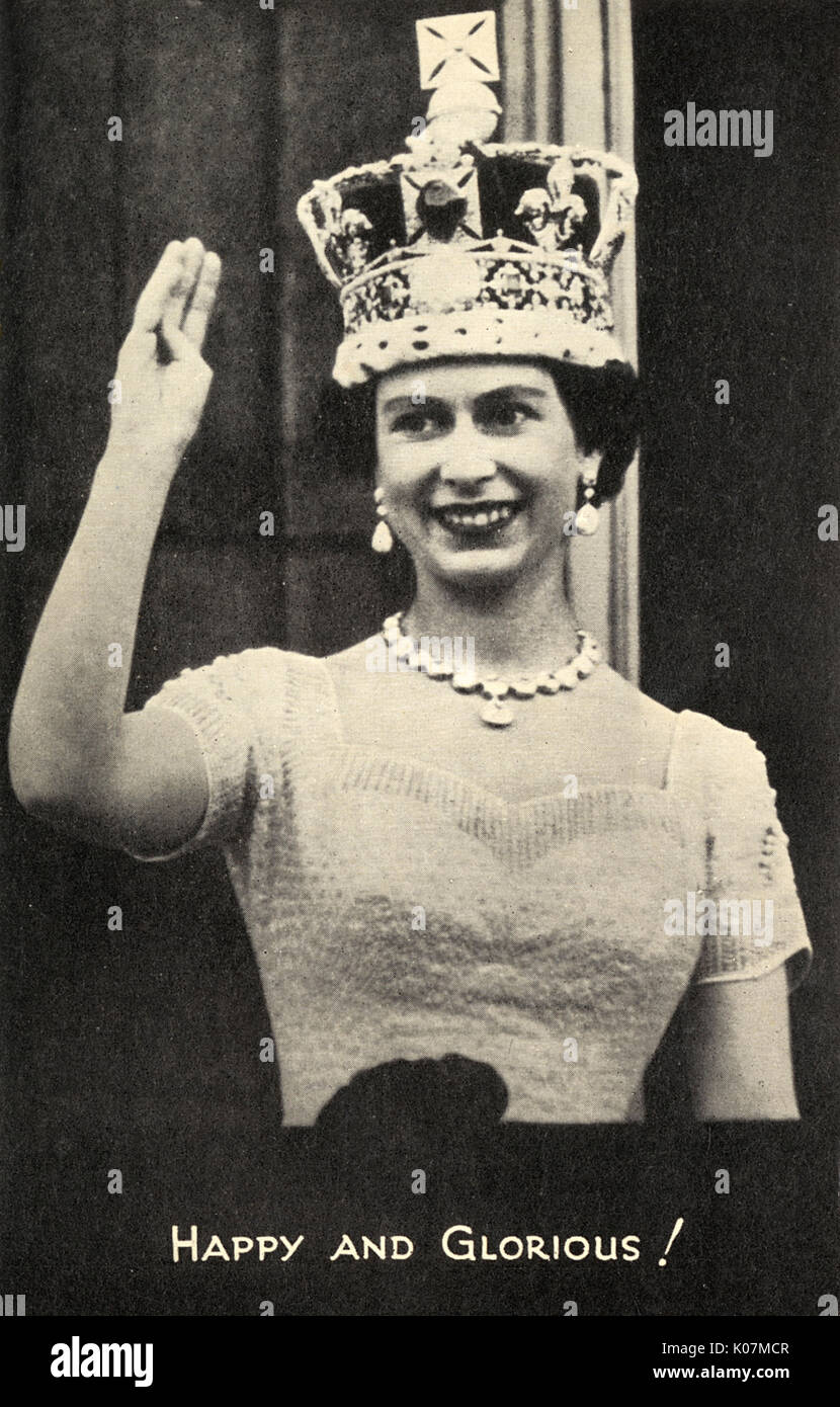 Coronation of Queen Elizabeth II - Waving to the crowds from the balcony of Buckingham Palace on 2nd June 1953. Happy and Glorious!     Date: 1953 Stock Photo