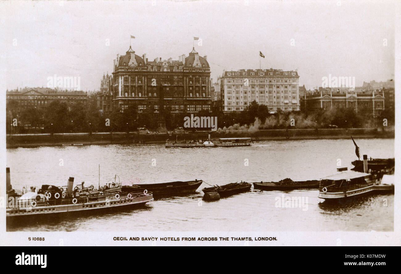 London - Cecil and Savoy Hotels from across the River Thames     Date: 1929 Stock Photo