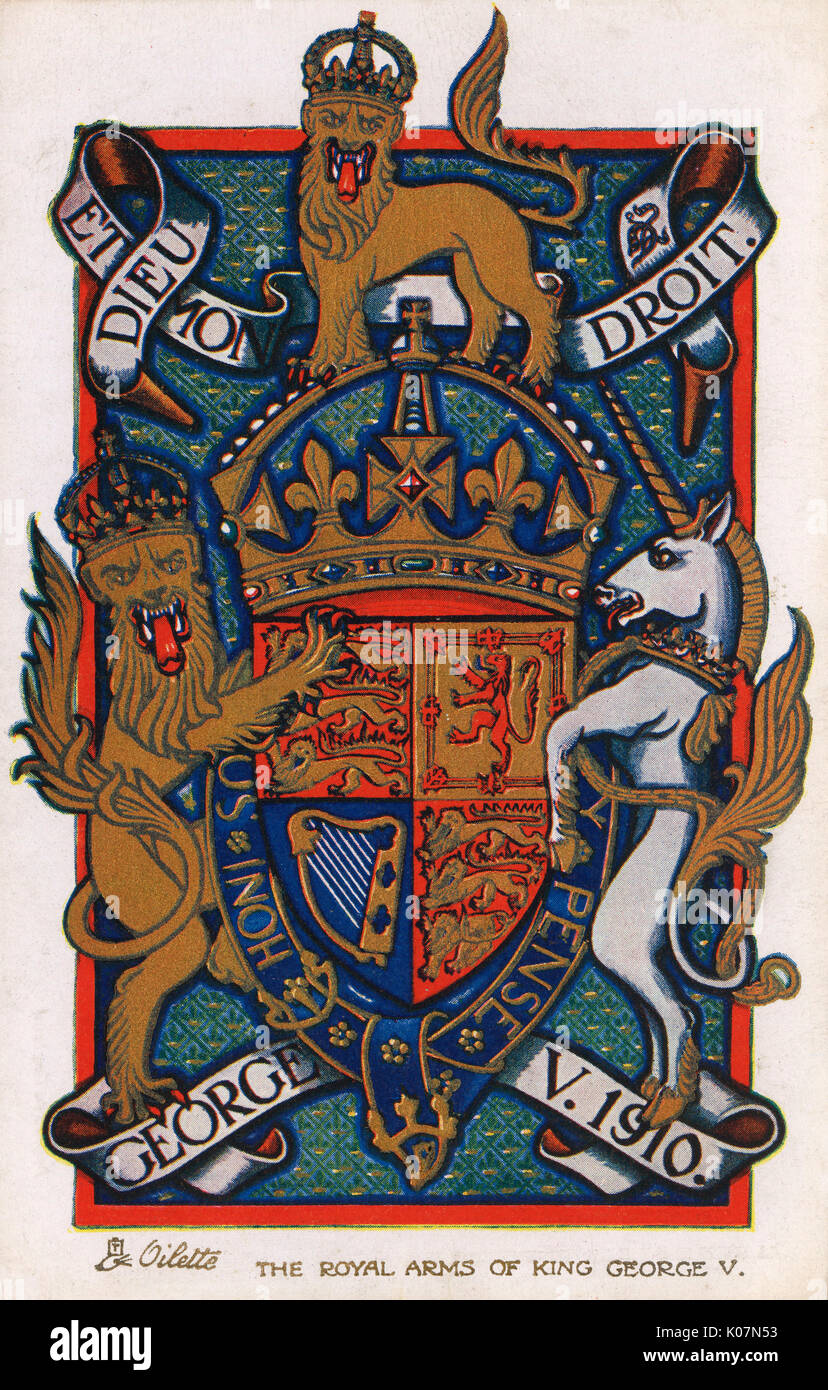The Royal Coat of Arms of King George V. Arms: Quarterly, first and fourth, gules three lions passant guardant in pale or, (England); second or, a lion rampant within a tressure flory counter-flory, gules (Scotland); third azure a harp or, strings argent (Ireland). Shield: surrounded with the garter, with the motto ';Honi soit qui mal y pense.'; Crest: A lion statant guardant crowned, or. Supporters: Dexter, a lion guardant crowned, or: sinister, a unicorn argent , horned, mained, ungled and tufted or, gorged with a coronet and chained also, or. Motto: Dieu et mon droit.     Date: circ Stock Photo