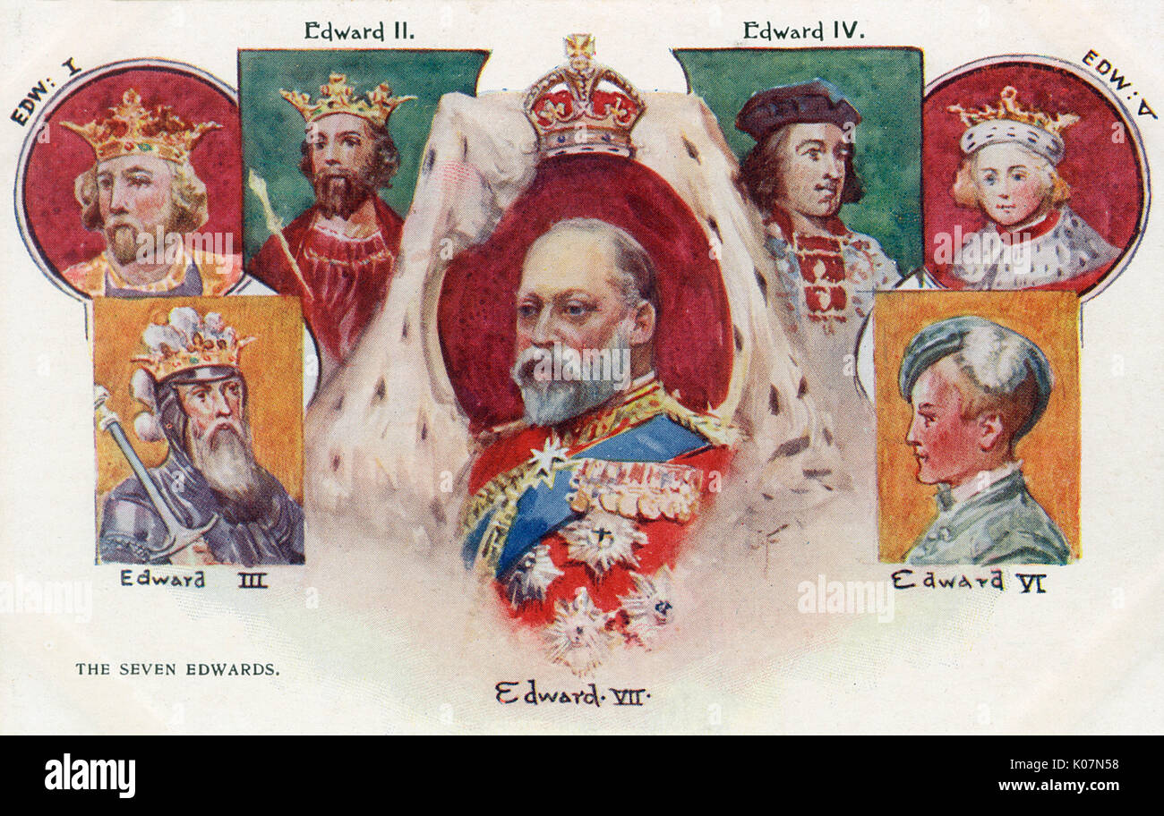 The Seven English/British King Edwards (another was to be added, albeit briefly...) - souvenir of the Coronation of Edward VII on 9th August 1902.     Date: circa 1902 Stock Photo
