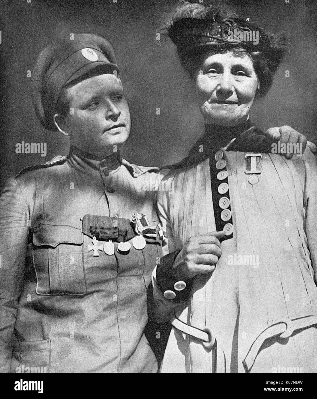 Mrs Emmeline Pankhurst (1858-1928), English founder and leader of the Women's Social and Political Union, and Maria Bochkareva (1889-1920), female Russian soldier who formed the Women's Battalion of Death and fought in the First World War. Two leaders of women together, during a visit by Mrs Pankhurst to Russia.      Date: 1917 Stock Photo