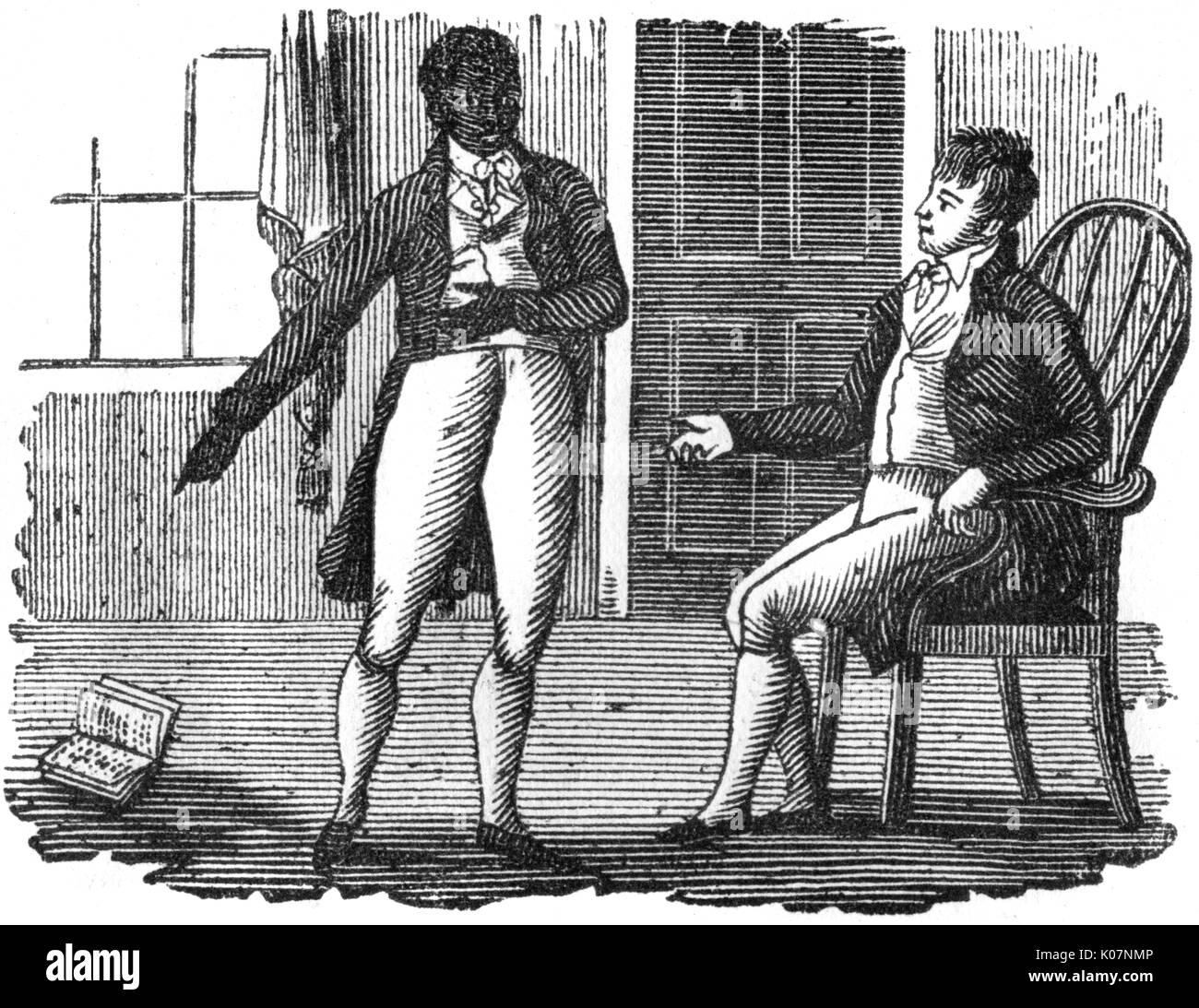 A gentleman with a black servant, pointing to a book in the floor, c. 1800     Date: C.1800 Stock Photo