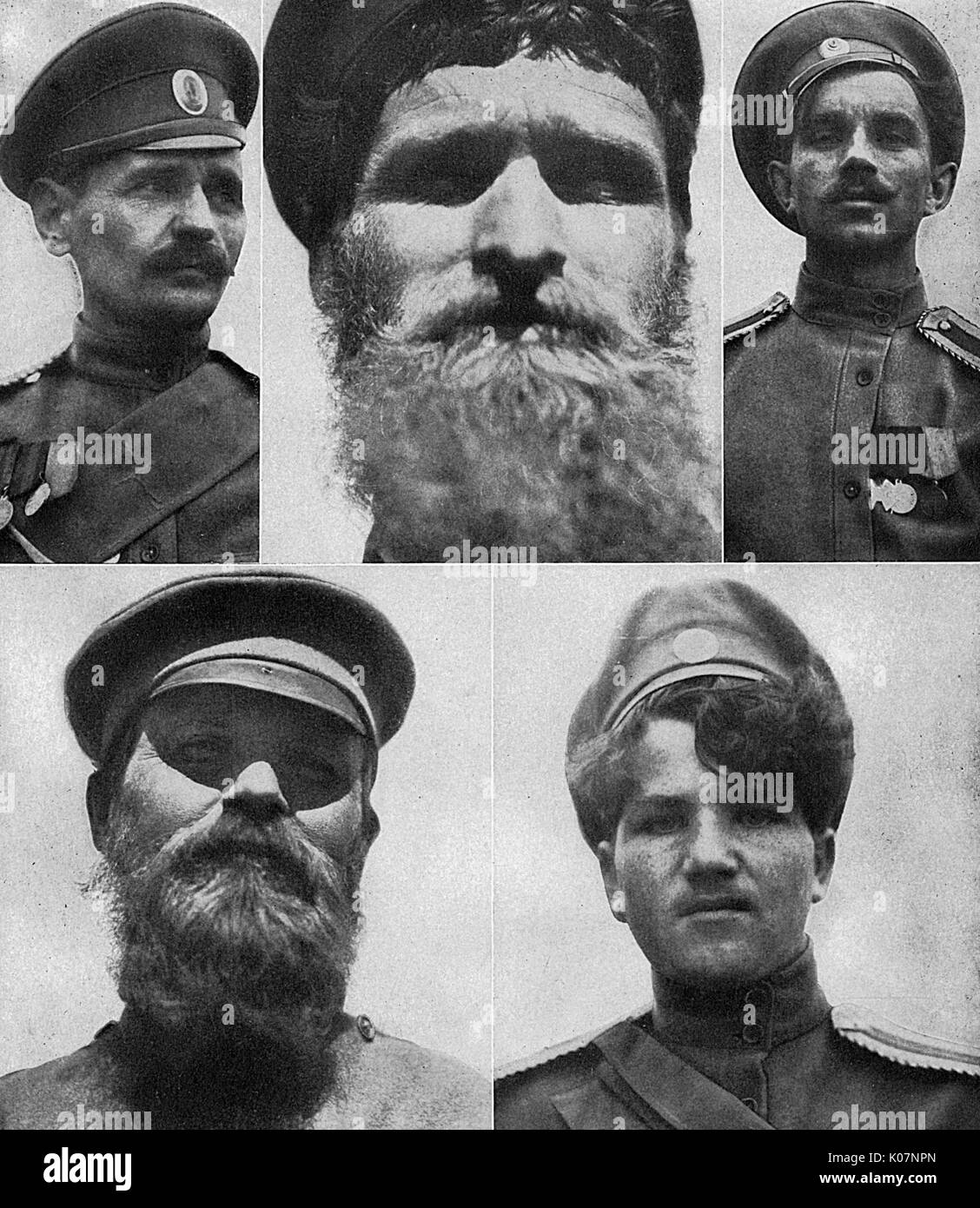 Five types of Russian soldier who fought in the First World War, a mixture of educated (1 and 3), Moujik or peasant (2), Bolshevik (4)  and Cossack (5).      Date: 1917-1918 Stock Photo