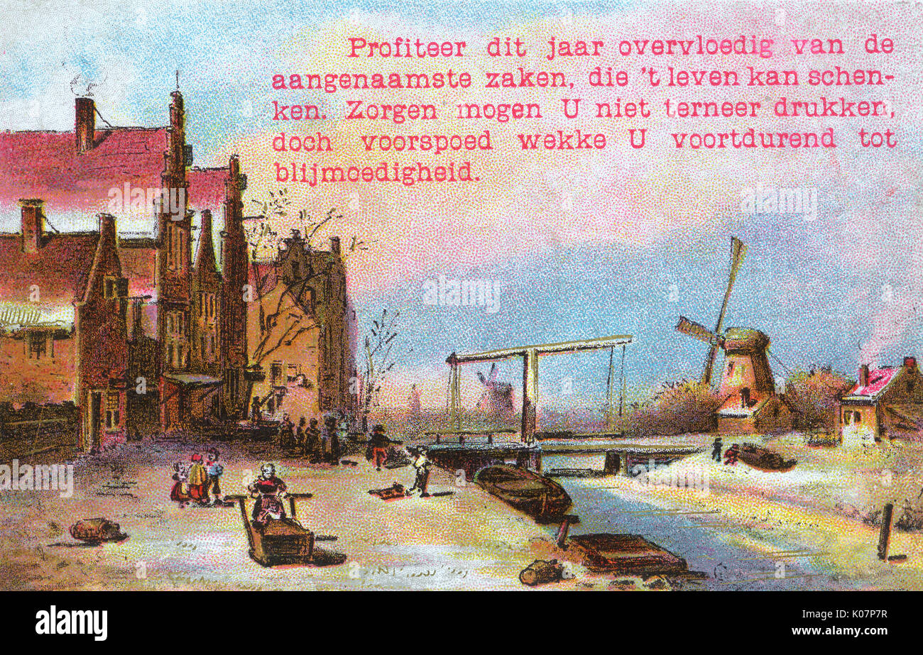New Year's card with windmill and canal, Netherlands Stock Photo