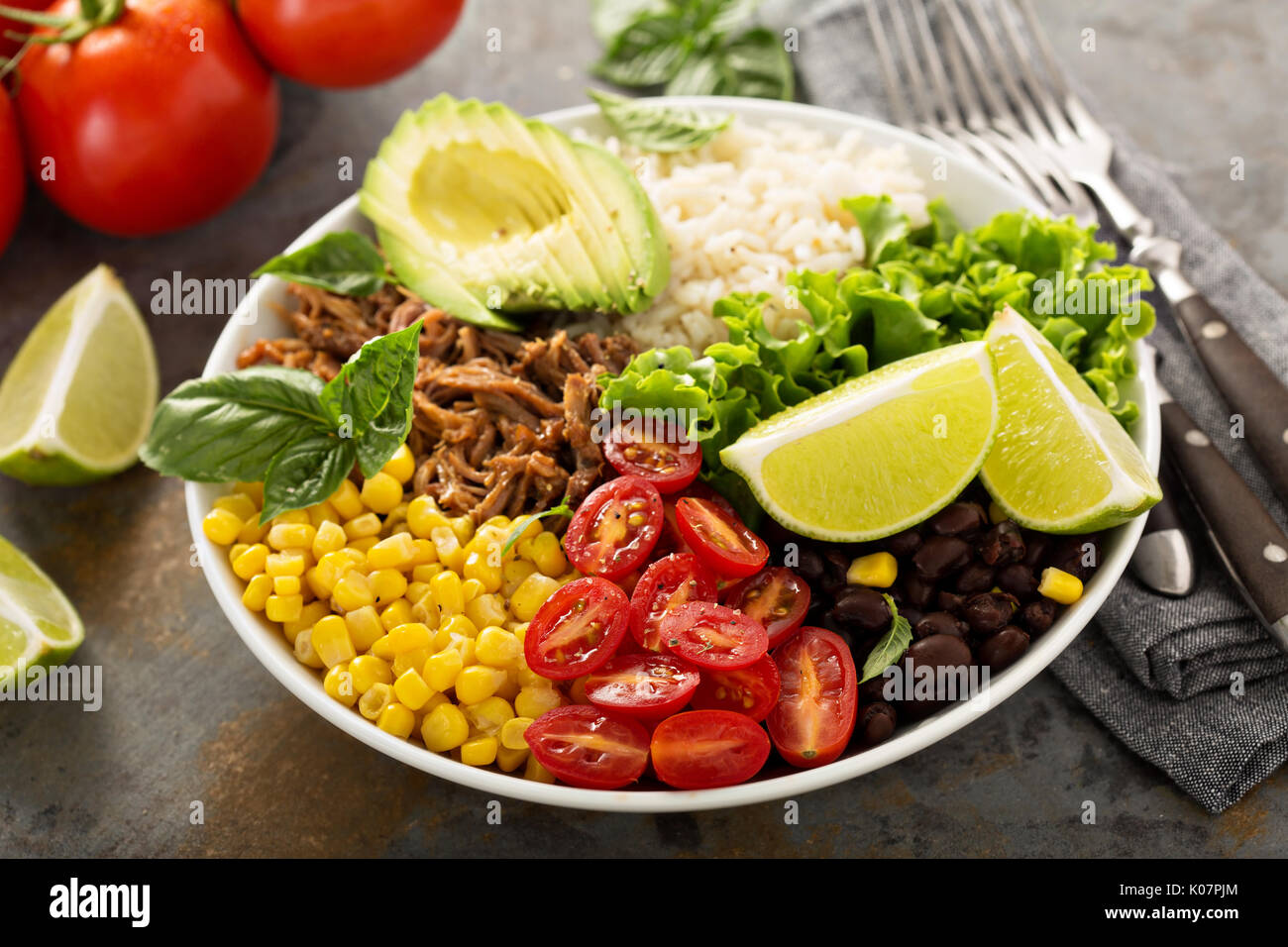 Mexican salad bowl with rice and pulled pork Stock Photo Alamy