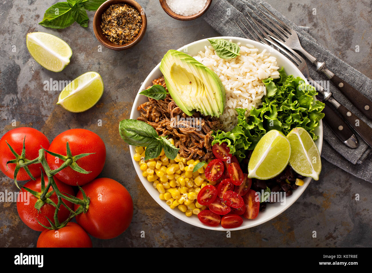 Mexican salad bowl with rice and pulled pork Stock Photo Alamy
