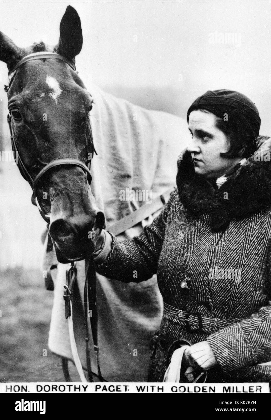 Hon Dorothy Wyndham Paget (1905-1960) with her champion racehorse, Golden Miller (1927-1957).      Date: circa 1930s Stock Photo