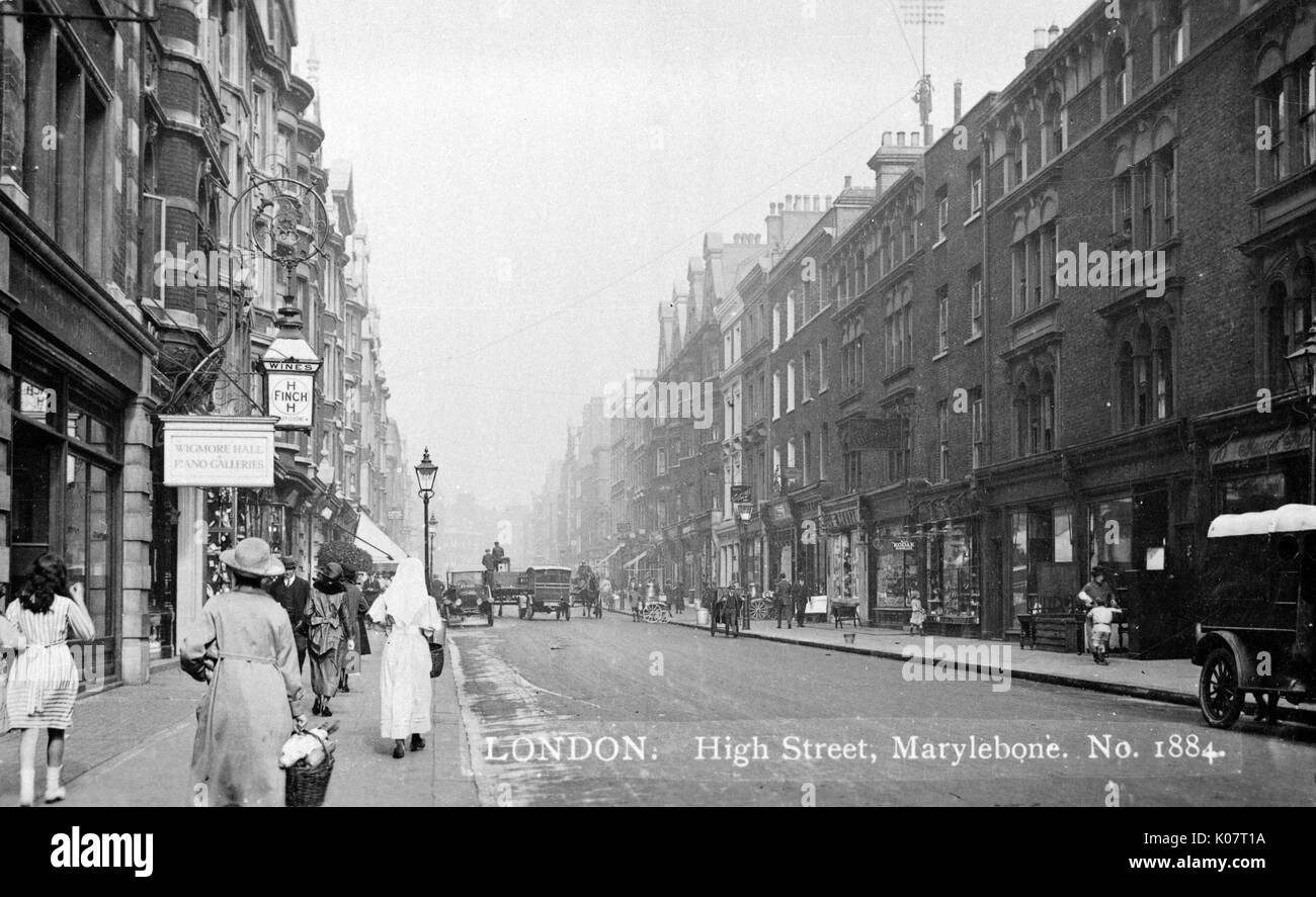 View of Marylebone High Street, London, with the Wigmore Hall Piano Galleries on the left.     Date: circa 1920 Stock Photo