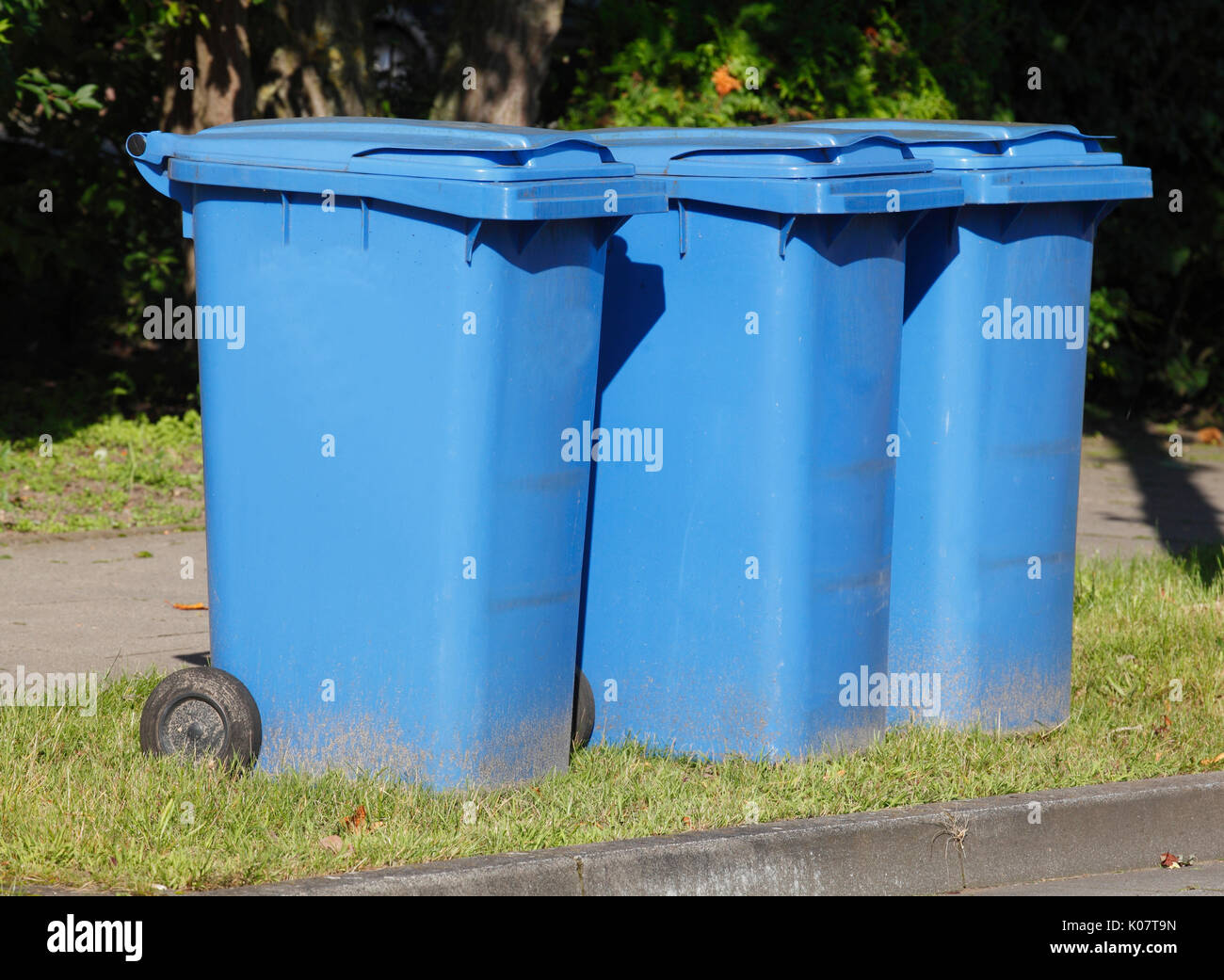 blue plastic recycling bins for waste paper Stock Photo