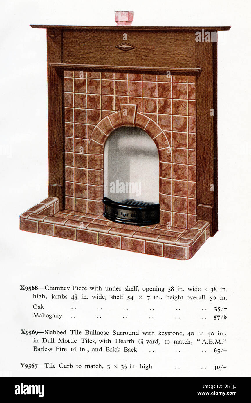 Tiled fireplace with wooden surround 1936 Stock Photo