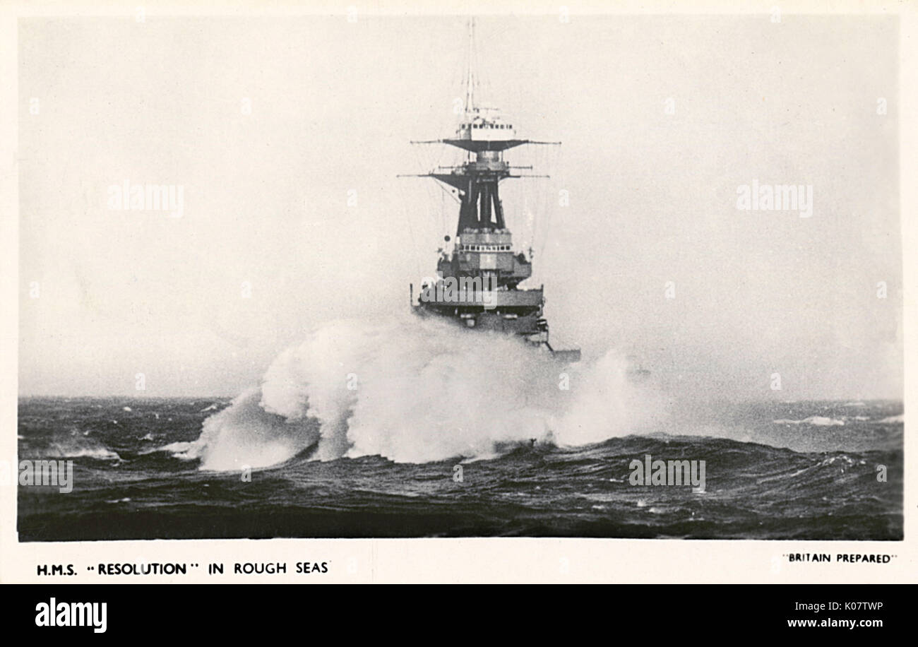 HMS Resolution in rough seas. Launched in January 1915. From 1916 to 1919, she served in the 1st Battle Squadron (United Kingdom) of the Grand Fleet. On the outbreak of World War II, Resolution was part of the Home Fleet and carried out convoy escort duties in the Atlantic.     Date: circa 1938 Stock Photo