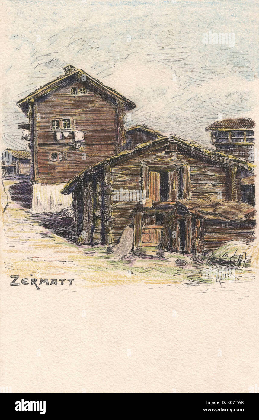 Old wooden houses of Zermatt, Switzerland Stock Photo