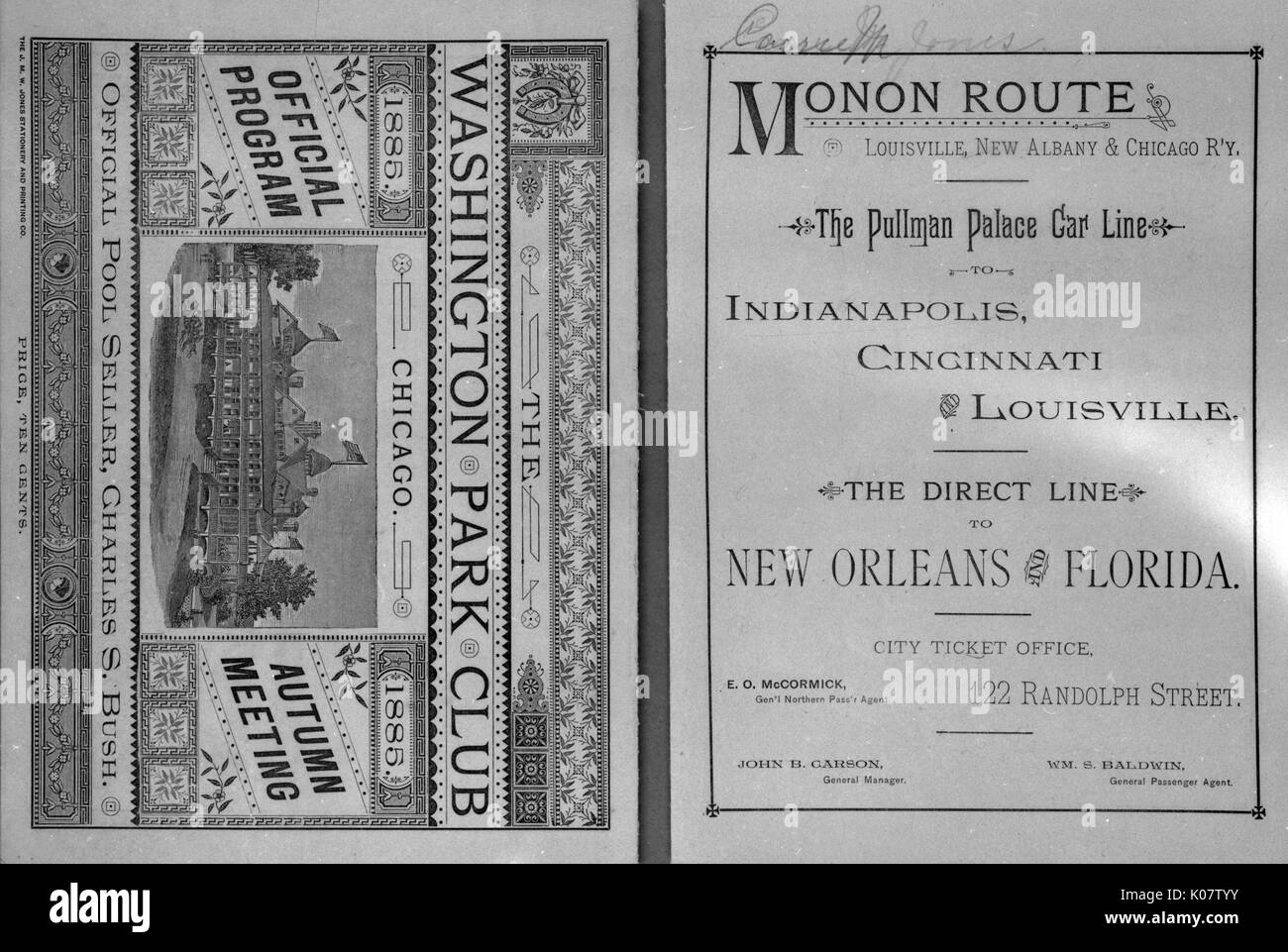 Leaflet cover design with horseracing scene, Washington Park Club, Chicago, Official Program, Autumn Meeting, 1885.  With a facing page advertising the Pullman Palace Car Route, the Monon Line of the Louisville, New Albany and Chicago Railway.      Date: 1885 Stock Photo