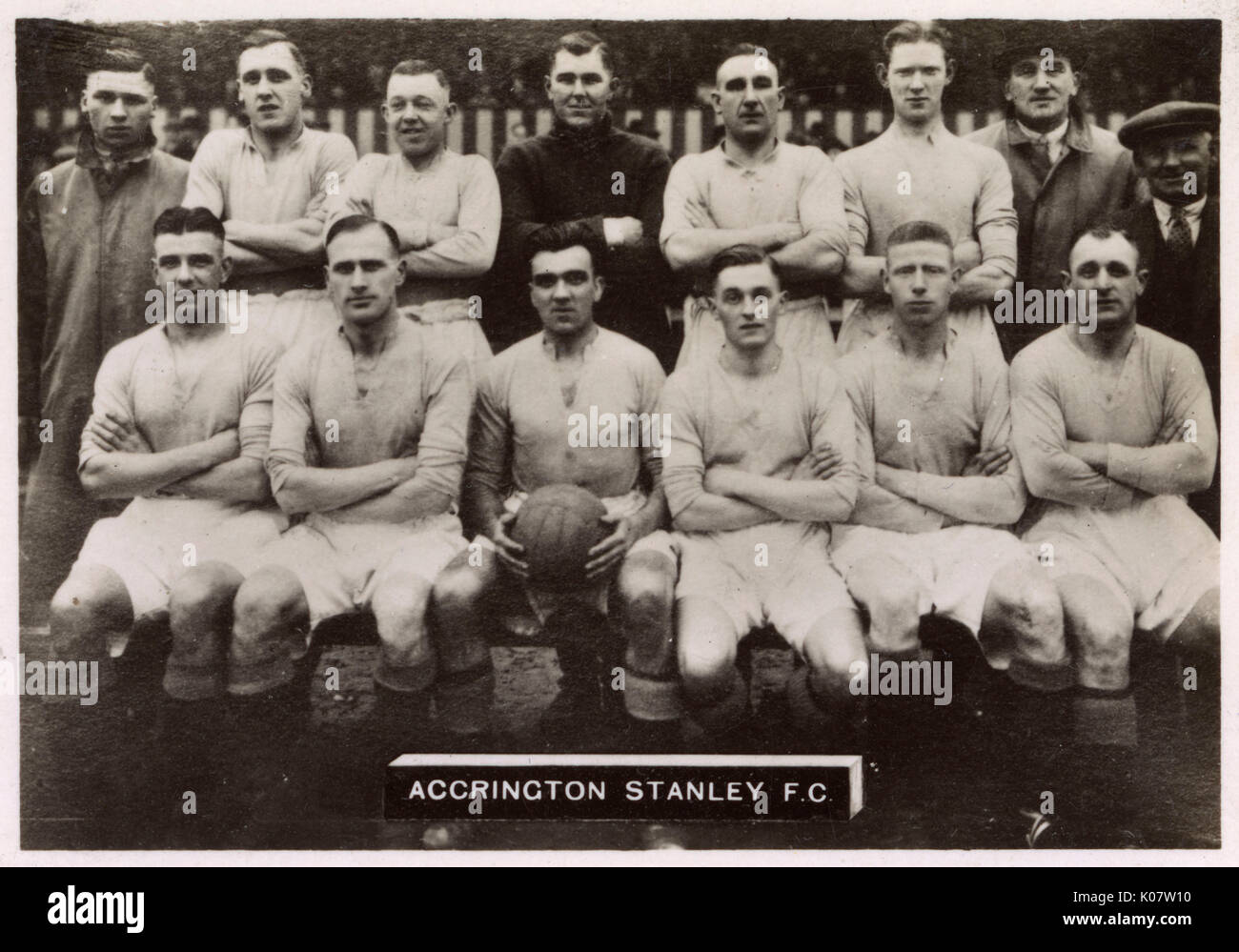 Accrington Stanley FC football team 1936. Back row: Kerr, Robinson, Wilson, Gill, Ivill, Treanor, Hacking (Manager), Brennand (Trainer).  Front row: Reynolds, Brown, Lapham, Green, McCulloch (Captain), Mee.     Date: 1936 Stock Photo