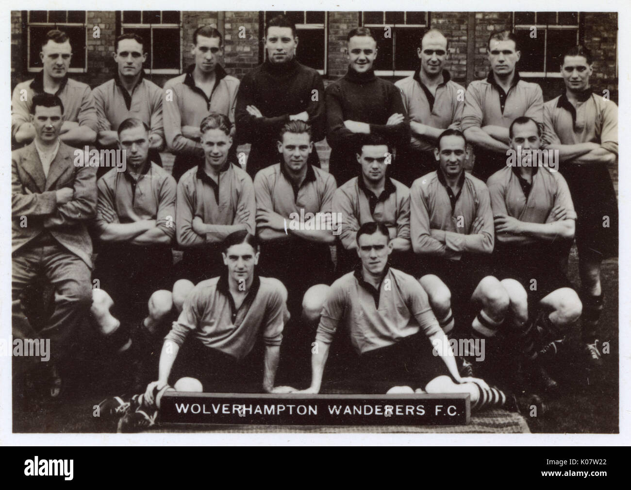 Members of Altrincham FC, the Cheshire league side due to meet  Wolverhampton Wanderers in the third round of the FA Cup. Back row (l-r): J  Brown, N Dewar, G Smith, F Peters